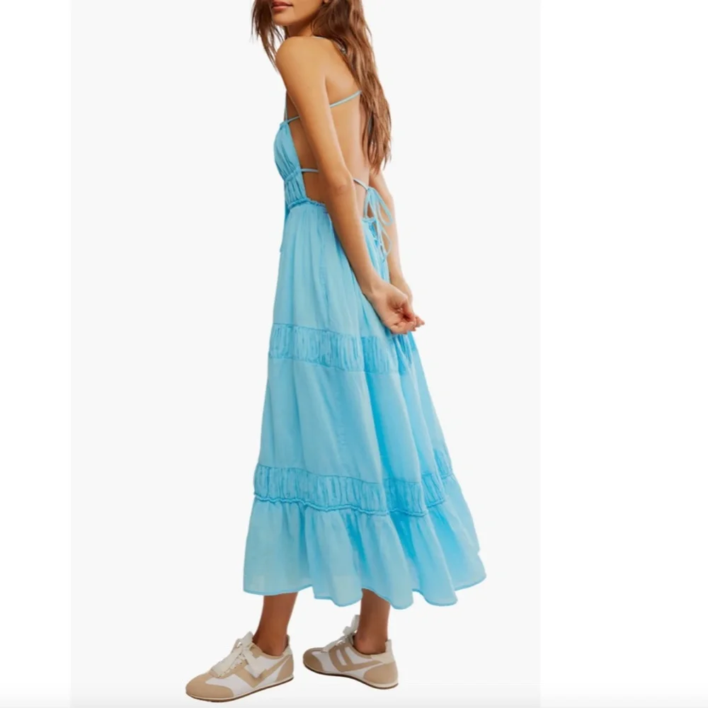 NEW FREE PEOPLE Turquoise AQUA Taking Sides TIERED Cotton OPEN BACK Maxi DRESS L - Picture 8 of 16